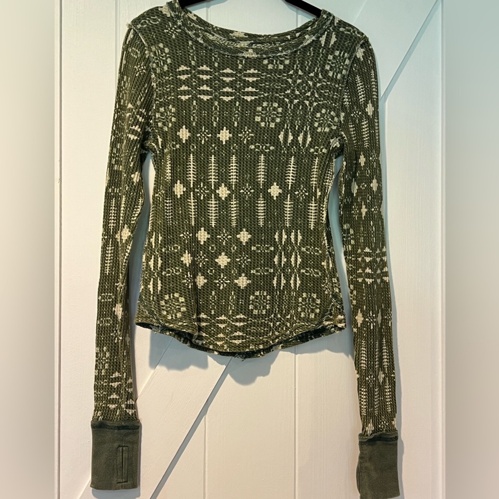Free People- We the Free- Green Geometric Long Sleeve Tee